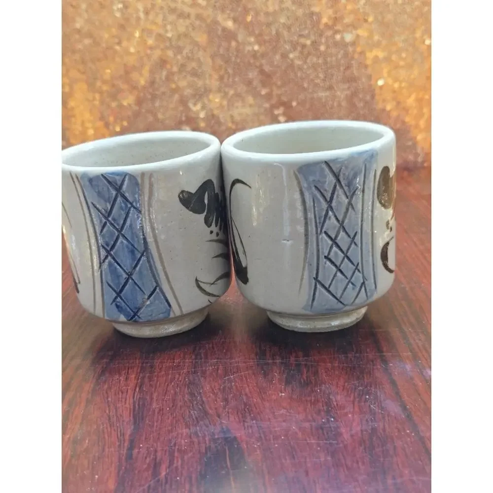 Vintage Japanese Banko Ware Tea Cups Set of 2 Signed Yunomi Studio Pottery